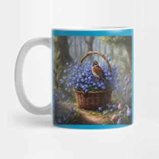 Quail Inspecting Basket of Bluebell Flowers Mug